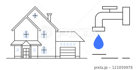 Image of a house with large windows and a garage beside a faucet with a blue water drop. Ideal for water conservation home energy efficiency environmental awareness plumbing services eco-friendly Image of a house with large windows and a garage beside a faucet with a blue water drop. Ideal for water conservation home energy efficiency environmental awareness plumbing services eco-friendly 121050978