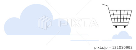 A minimalist shopping cart appears to float among soft blue clouds. Ideal for themes of online shopping, digital marketing, e-commerce, cloud technology, and virtual retail. Clean and modern style A minimalist shopping cart appears to float among soft blue clouds. Ideal for themes of online shopping, digital marketing, e-commerce, cloud technology, and virtual retail. Clean and modern style 121050992