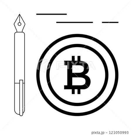 Depiction of a Bitcoin symbol framed by a circle next to a fountain pen. Ideal for cryptocurrency, blockchain, digital finance, fintech innovations, financial technology startups. Minimalist black 121050993