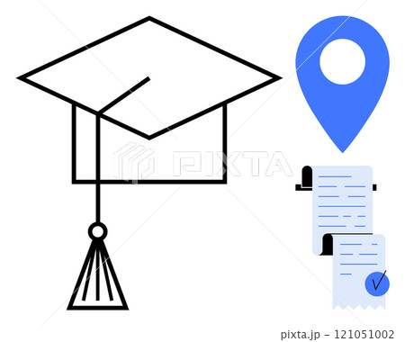 Graduation cap, blue location pin, and documents with a checkmark. Ideal for themes of education, academic achievements, map location, certification, and guidance. Clean and modern vector art style Graduation cap, blue location pin, and documents with a checkmark. Ideal for themes of education, academic achievements, map location, certification, and guidance. Clean and modern vector art style 121051002
