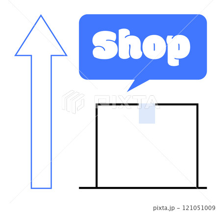A minimalistic style image of a large upward arrow next to a speech bubble with the word Shop and a box beneath it. Ideal for retail, sales, marketing, e-commerce, navigation 121051009