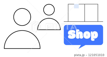 Simple black outlined people figures alongside a large blue text bubble with the word Shop in white. Next to the text bubble are window-like structures. Ideal for business, online shopping Simple black outlined people figures alongside a large blue text bubble with the word Shop in white. Next to the text bubble are window-like structures. Ideal for business, online shopping 121051010