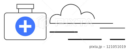 First aid kit with a blue medical cross next to an abstract cloud in a minimalist style. Ideal for healthcare medical emergency cloud computing first aid education and safety. Modern clean abstract First aid kit with a blue medical cross next to an abstract cloud in a minimalist style. Ideal for healthcare medical emergency cloud computing first aid education and safety. Modern clean abstract 121051019