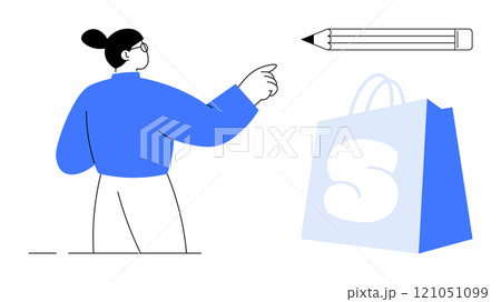Minimalist drawing with a person pointing towards a pencil and a shopping bag. Ideal for education, creativity, shopping, marketing, and e-commerce themes. Depicted in simple, clean lines with blue 121051099