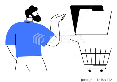 Man raising arm towards a folder icon and shopping cart. Ideal for online shopping, customer service, document management, information technology, e-commerce. Simple, minimalist, modern style 121051121