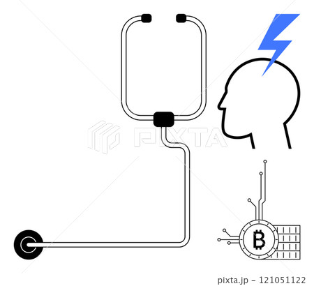A connected power button, stethoscope, human head with a lightning bolt, and Bitcoin symbol. Ideal for healthcare, technology, innovation, cryptocurrency, and digital transformation themes 121051122