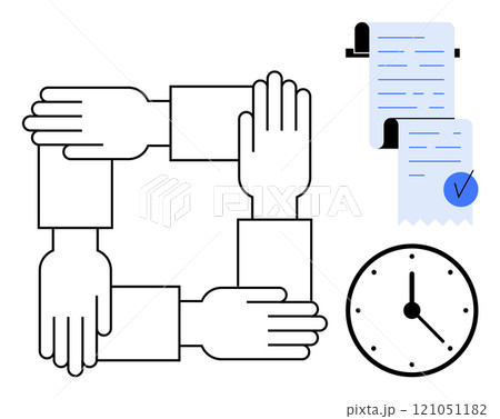 Four hands form a square, symbolizing teamwork. Accompanying are two documents with check marks and a clock. Ideal for business cooperation, time management, project planning, deadlines 121051182