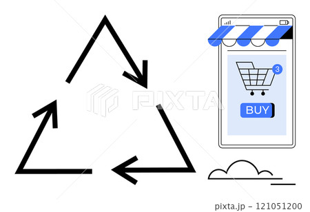 A recycling triangle symbol next to a smartphone with an online shopping cart. Ideal for sustainability, e-commerce, eco-friendly, recycling, and technology. Minimalist and modern vector style A recycling triangle symbol next to a smartphone with an online shopping cart. Ideal for sustainability, e-commerce, eco-friendly, recycling, and technology. Minimalist and modern vector style 121051200