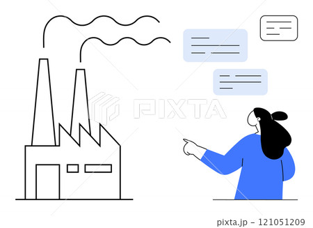 Factory with smoke, large smoke stacks, and windows with person in blue pointing at it. Speech bubbles represent communication. Ideal for industrial themes, business communication, environmental Factory with smoke, large smoke stacks, and windows with person in blue pointing at it. Speech bubbles represent communication. Ideal for industrial themes, business communication, environmental 121051209