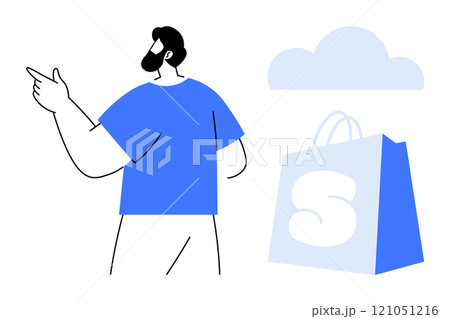Man pointing with a blue shopping bag and cloud nearby. Ideal for themes of e-commerce, shopping, cloud services, online retail, and modern communication. Simple and modern style Man pointing with a blue shopping bag and cloud nearby. Ideal for themes of e-commerce, shopping, cloud services, online retail, and modern communication. Simple and modern style 121051216