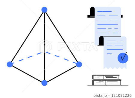 Geometric pyramid with nodes, a rolled document with a checkmark, and three stacked books. Ideal for education, geometry, documentation, knowledge, and academic studies. Minimalist, modern, clean Geometric pyramid with nodes, a rolled document with a checkmark, and three stacked books. Ideal for education, geometry, documentation, knowledge, and academic studies. Minimalist, modern, clean 121051226