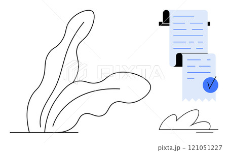 An abstract composition featuring a certificate with a blue checkmark and scroll held by a simple holder, complemented by minimalist plant drawings. Ideal for certification, approval, accomplishment 121051227
