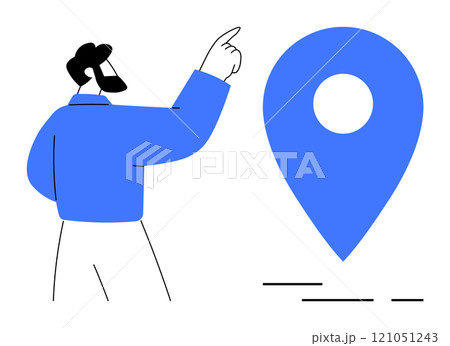 A bearded man points to a large blue map pin symbol. Ideal for navigation, location services, travel planning, business logistics, and geographic information systems. Simple vector style A bearded man points to a large blue map pin symbol. Ideal for navigation, location services, travel planning, business logistics, and geographic information systems. Simple vector style 121051243