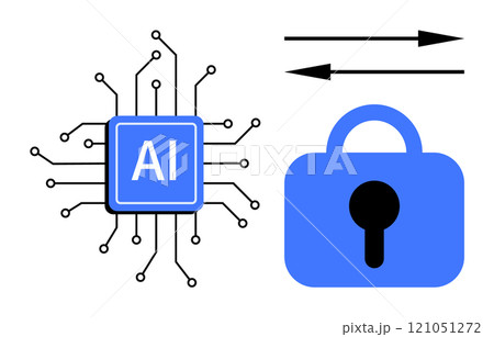 Image of an AI chip connected with multiple lines representing circuits a security lock and two data exchange arrows. Ideal for technology cybersecurity data exchange artificial intelligence 121051272