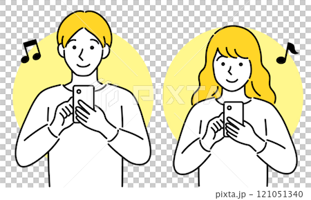 Front view of young men and women operating smartphones, couple taking selfies, simple and pop vector illustration Front view of young men and women operating smartphones, couple taking selfies, simple and pop vector illustration 121051340