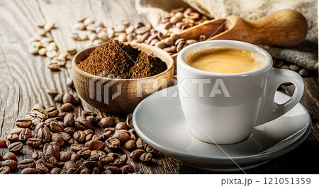 Espresso Coffee cup made from carefully selected Beans and Grounds on a Wooden Table Espresso Coffee cup made from carefully selected Beans and Grounds on a Wooden Table 121051359