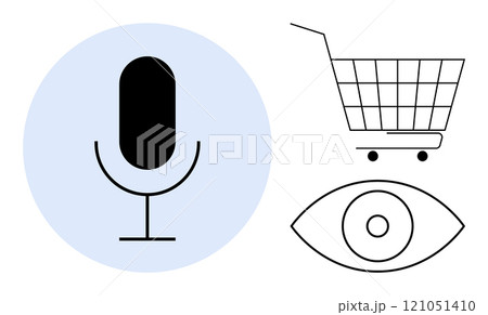 Microphone against a blue circle, black and white shopping cart, and eye symbol. Ideal for technology, e-commerce, surveillance, voice search, and minimalistic designs. Simple and modern style 121051410