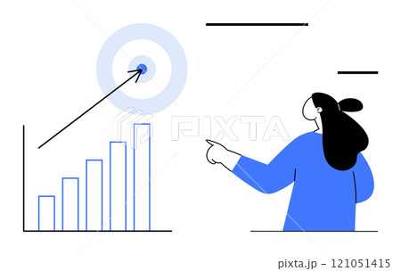 A person pointing towards a rising bar graph with an arrow hitting a target. Ideal for business success, goal setting, data analysis, productivity, and strategic planning. Modern flat cartoon style 121051415