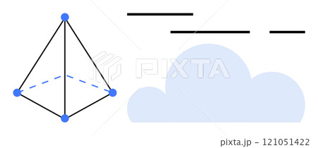 3D pyramid with blue nodes next to a light blue cloud and black lines. Ideal for educational, technology, weather, design, minimalist art, and abstract themes. Simplistic clean style 121051422
