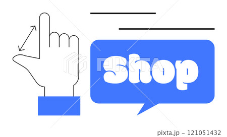 Hand pointing up with arrow and speech bubble with the word Shop in bold. Simple, clean design with minimal colors. Ideal for e-commerce, digital advertising, marketing, online stores, user interface 121051432