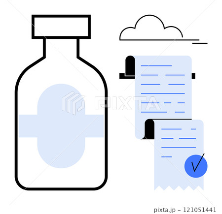 Medicine bottle with a prescription and a cloud icon. Ideal for healthcare, pharmacy, medicine, online prescriptions, medical themes. Simple and clean illustration style 121051441