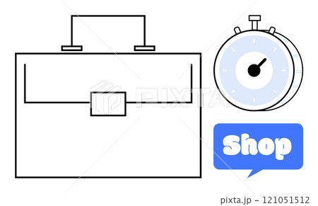 A briefcase, clock, and shop text highlight themes of time management, business, and e-commerce. Ideal for business presentations, time management strategies, e-commerce platforms, productivity A briefcase, clock, and shop text highlight themes of time management, business, and e-commerce. Ideal for business presentations, time management strategies, e-commerce platforms, productivity 121051512