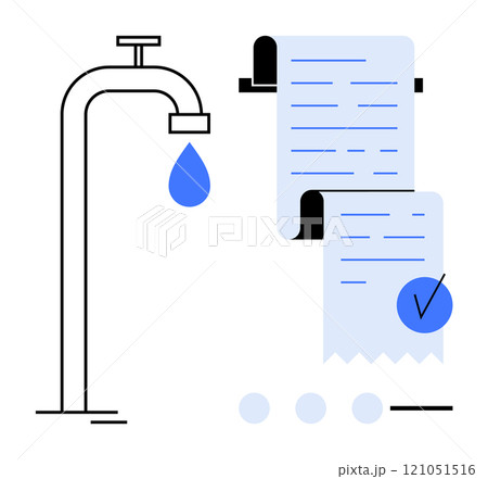 Faucet with a water droplet and a long receipt representing water usage. Ideal for environmental awareness, conservation, water bills, sustainability, and utility payment. Minimalist and clean design Faucet with a water droplet and a long receipt representing water usage. Ideal for environmental awareness, conservation, water bills, sustainability, and utility payment. Minimalist and clean design 121051516