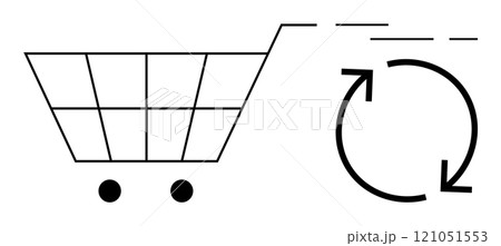 Outline of a shopping cart beside a recycling symbol with arrows. Ideal for themes of eco-friendly shopping, sustainability, environmental awareness, waste reduction, and green consumerism. Simple 121051553