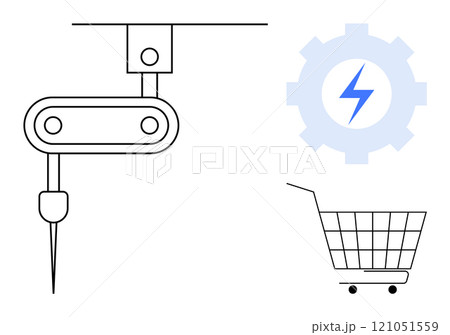 Simplistic symbols include an industrial robotic arm and a shopping cart. Ideal for technology, industry, automation, e-commerce, innovation, and business development themes. Outline minimalistic Simplistic symbols include an industrial robotic arm and a shopping cart. Ideal for technology, industry, automation, e-commerce, innovation, and business development themes. Outline minimalistic 121051559