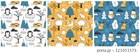 Charming Winter Seamless Pattern Design Featuring Decorative Elements in a Hand Drawn Cartoon Style Illustration Template Charming Winter Seamless Pattern Design Featuring Decorative Elements in a Hand Drawn Cartoon Style Illustration Template 121051573
