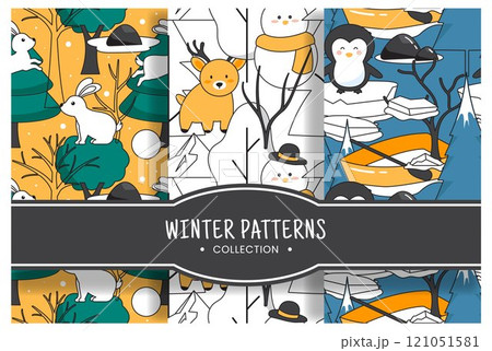 Charming Winter Seamless Pattern Design Featuring Decorative Elements in a Hand Drawn Cartoon Style Illustration Template Charming Winter Seamless Pattern Design Featuring Decorative Elements in a Hand Drawn Cartoon Style Illustration Template 121051581
