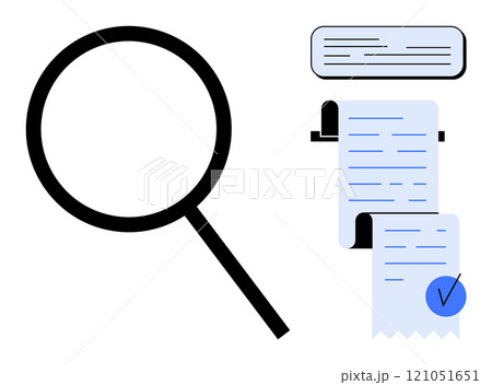 Large black magnifying glass and documents with writing and blue checkmark. Simplistic, clean design. Ideal for research, verification, data analysis, administrative tasks, record-keeping 121051651