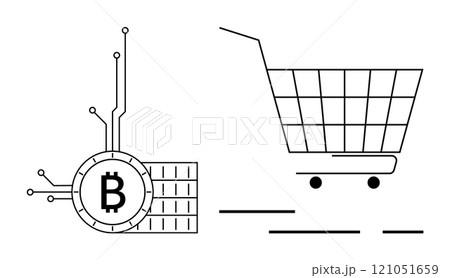 A digital representation of a Bitcoin symbol connected with electronic circuits next to a minimalist shopping cart. Ideal for cryptocurrency, online shopping, fintech, digital transactions 121051659
