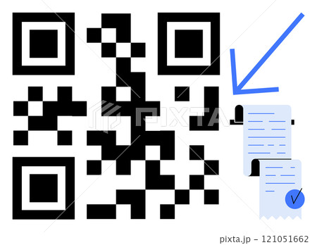 QR code with a blue arrow pointing to a paper receipt with a checkmark in a minimalist style. Ideal for digital transactions, electronic receipts, secure payments, modern technology, and mobile QR code with a blue arrow pointing to a paper receipt with a checkmark in a minimalist style. Ideal for digital transactions, electronic receipts, secure payments, modern technology, and mobile 121051662