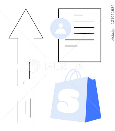 Large arrow, profile page, and shopping bag suggest growth in online sales and user engagement. Ideal for e-commerce, online marketing, user growth, digital business, and retail analytics. Simple Large arrow, profile page, and shopping bag suggest growth in online sales and user engagement. Ideal for e-commerce, online marketing, user growth, digital business, and retail analytics. Simple 121051684