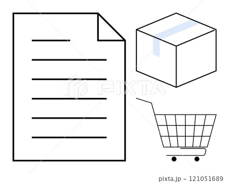 Simple line drawings of a document, a box, and a shopping cart. Ideal for online shopping, delivery services, e-commerce, logistics, order management, and packaging concepts. Minimalist style Simple line drawings of a document, a box, and a shopping cart. Ideal for online shopping, delivery services, e-commerce, logistics, order management, and packaging concepts. Minimalist style 121051689