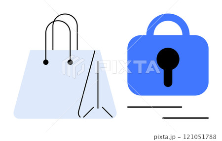 A simple design with a shopping bag and a lock symbol. Ideal for e-commerce, online shopping, security, digital safety, and retail protection. Clean lines and minimalistic style A simple design with a shopping bag and a lock symbol. Ideal for e-commerce, online shopping, security, digital safety, and retail protection. Clean lines and minimalistic style 121051788