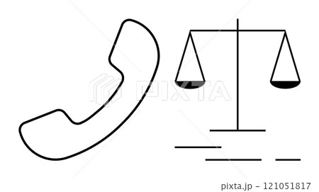 Phone receiver and scales of justice symbol. Ideal for themes of communication, legal services, justice, support, and simplicity. Black and white vector style portrays a clean modern design 121051817