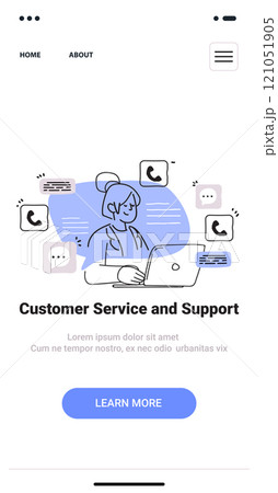 Customer support concept woman laptop communication icons blue accents minimalist mobile app screen Customer support concept woman laptop communication icons blue accents minimalist mobile app screen 121051905
