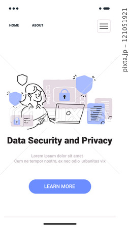 Data security and privacy concept with person using laptop surrounded by locks and shields in minimalist sketch style mobile app screen 121051921