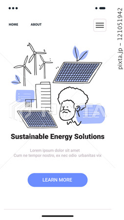 Sustainable energy solutions concept with wind turbines solar panels and a person in a minimalist doodle style for a mobile app screen Sustainable energy solutions concept with wind turbines solar panels and a person in a minimalist doodle style for a mobile app screen 121051942