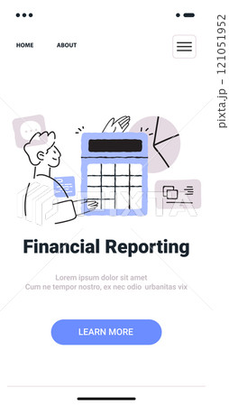 Financial Reporting concept with calculator and charts hand drawn style blue accents web design template 121051952