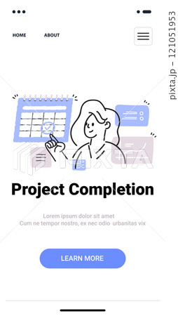 Project completion concept with person checking calendar and charts in minimalist doodle style mobile app screen 121051953