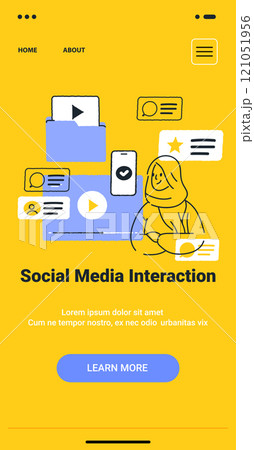 Social media interaction concept with woman sketch icons in yellow and blue minimalist design mobile app template Social media interaction concept with woman sketch icons in yellow and blue minimalist design mobile app template 121051956