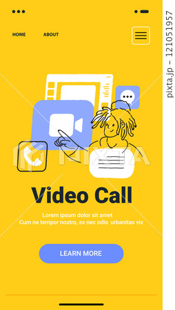 Video call concept with person using digital communication tools on yellow background minimalist hand drawn style mobile app screen Video call concept with person using digital communication tools on yellow background minimalist hand drawn style mobile app screen 121051957