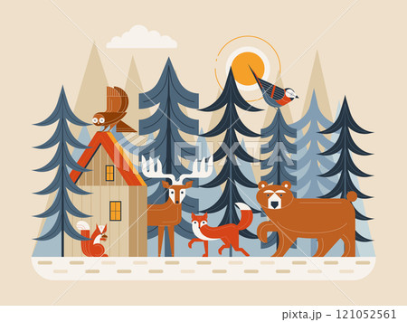 Scandinavian Forest Wildlife Scene with Animals and Birds Scandinavian Forest Wildlife Scene with Animals and Birds 121052561