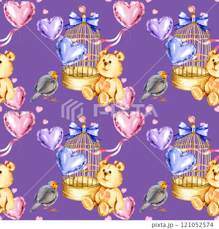 watercolor seamless pattern with golden bird cage, cute bird, funny bear toy, blue, pink, lilac foil air balloons in a heart shape, hand drawn illustration for valentine's day, birthday, kid's party 121052574