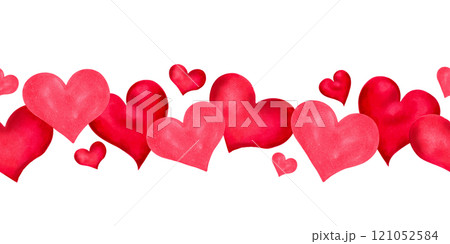 Seamless horizontal border with hearts for Valentine's Day and Mother's Day. Watercolor and marker illustrations. Hand drawn isolated art. Decor frame element for spring holiday of love. Seamless horizontal border with hearts for Valentine's Day and Mother's Day. Watercolor and marker illustrations. Hand drawn isolated art. Decor frame element for spring holiday of love. 121052584