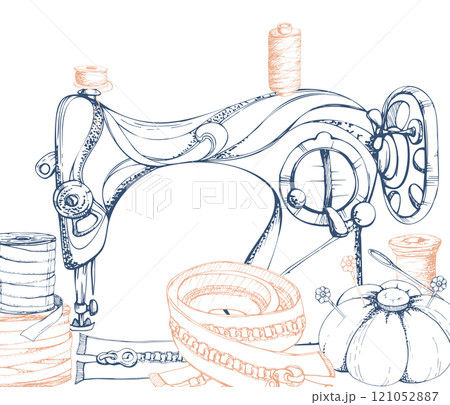 Vintage retro sewing machine with ribbon thread bobbins, pin cushion, zippers. Hand drawn ink vector illustration sewing craft supplies. Composition isolated white. Design atelier, tailor, hobby shop 121052887