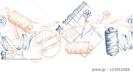 Hand drawn ink vector illustration sewing craft supplies. Fabric scissors snaps, wooden buttons ribbon lace, indigo beige. Frame isolated on white background. Design atelier, tailor, hobby shop 121052888